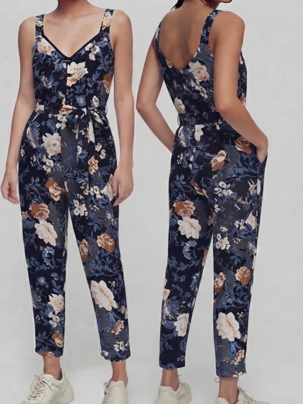 Aritzia NWOT Navy Floral Midi Dress with Cream & Tan Blooms Size 0 Belt Missing